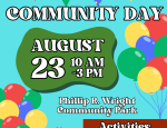 Community Day flyer with flags and balloons