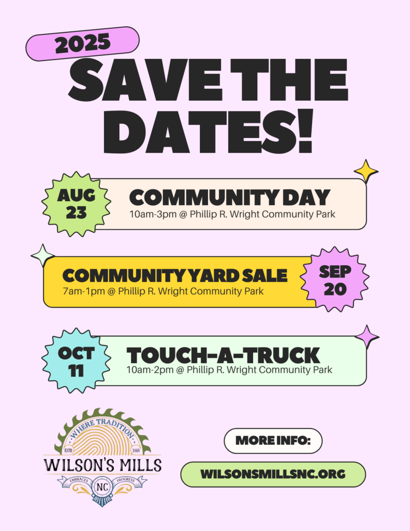 Save These Dates poster showing Community Day on August 23, Community Yard Sale on September 20, and Touch-A-Truck on October 11