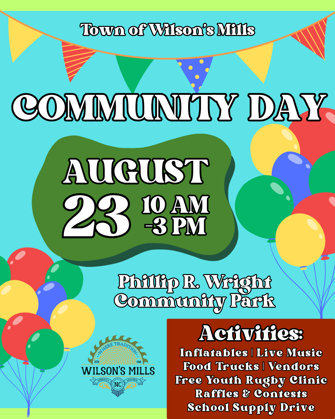 Community Day flyer with balloons and party streamers