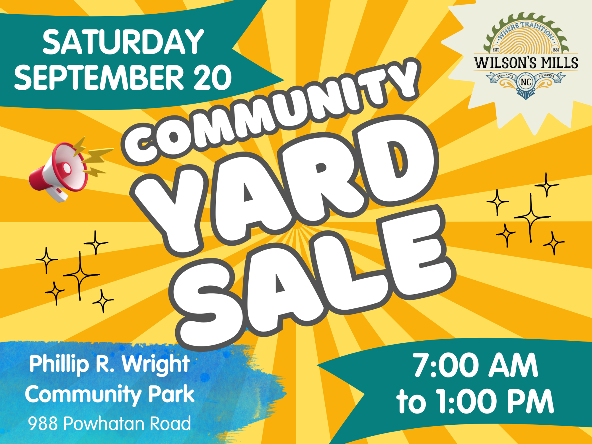 Yellow and orange starburst with Yard Sale announcement
