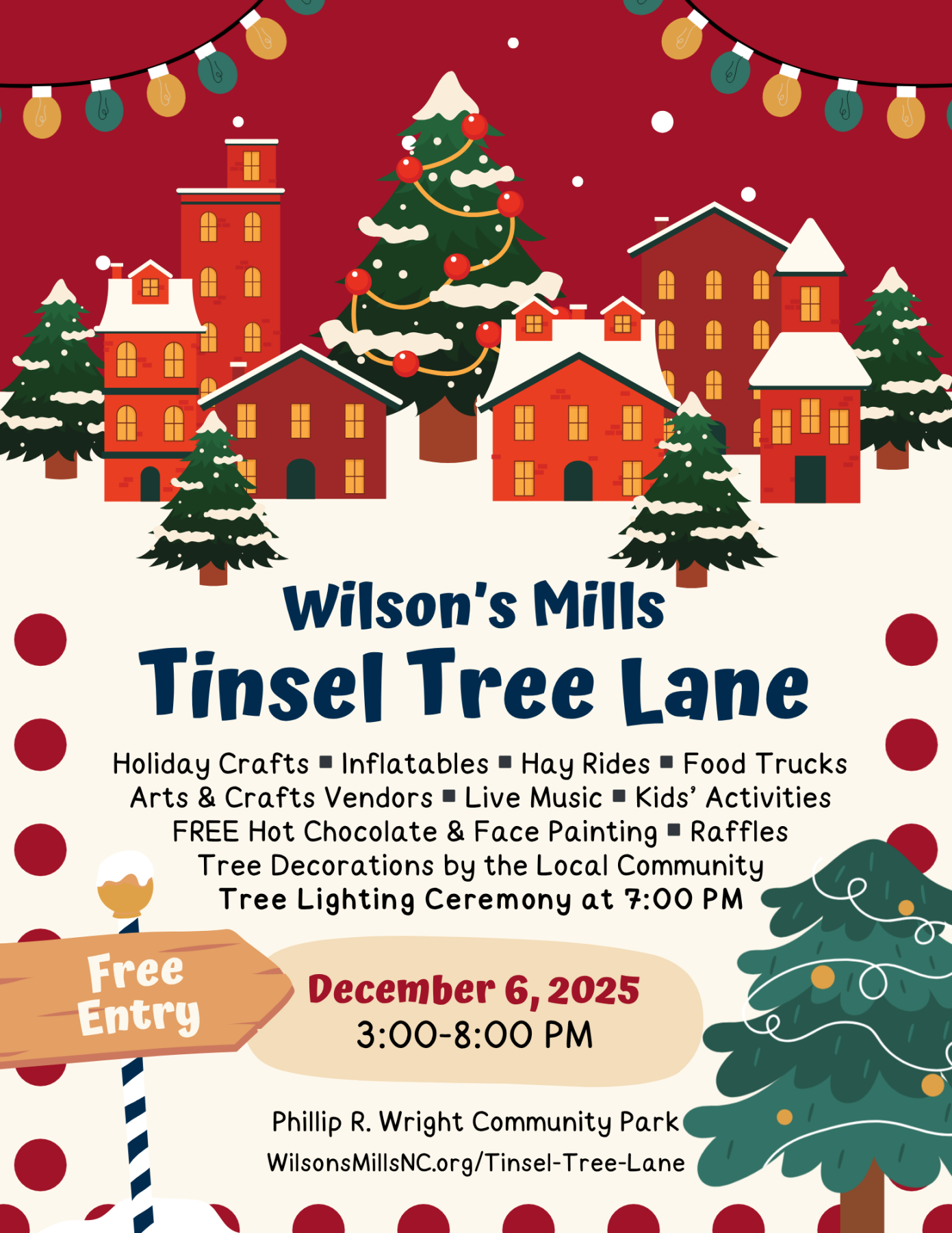 Festive holiday community scene with Christmas trees and snow