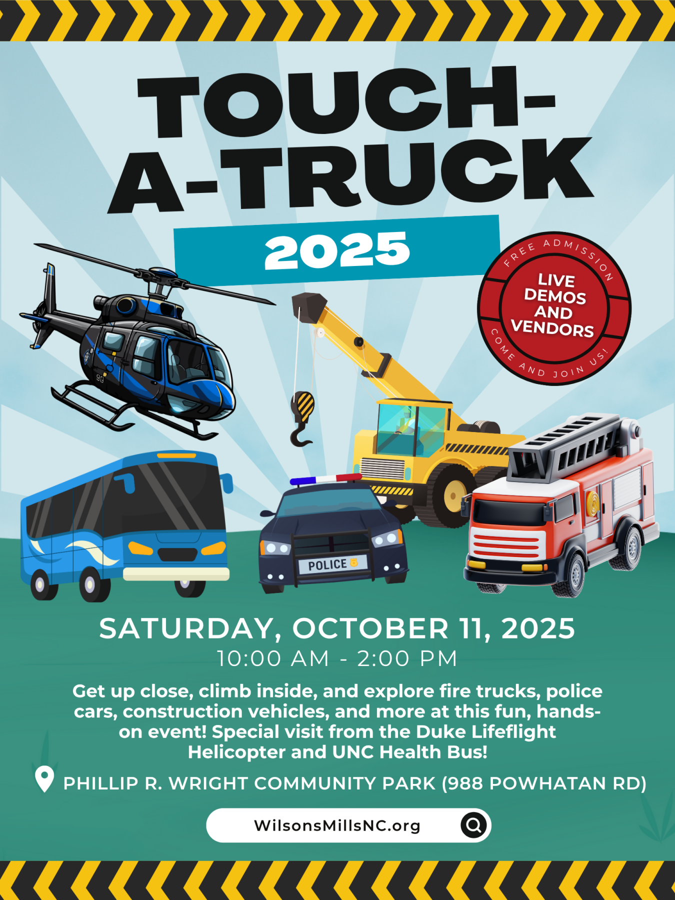 Touch-A-Truck Flyer with images of vehicles and a helicopter