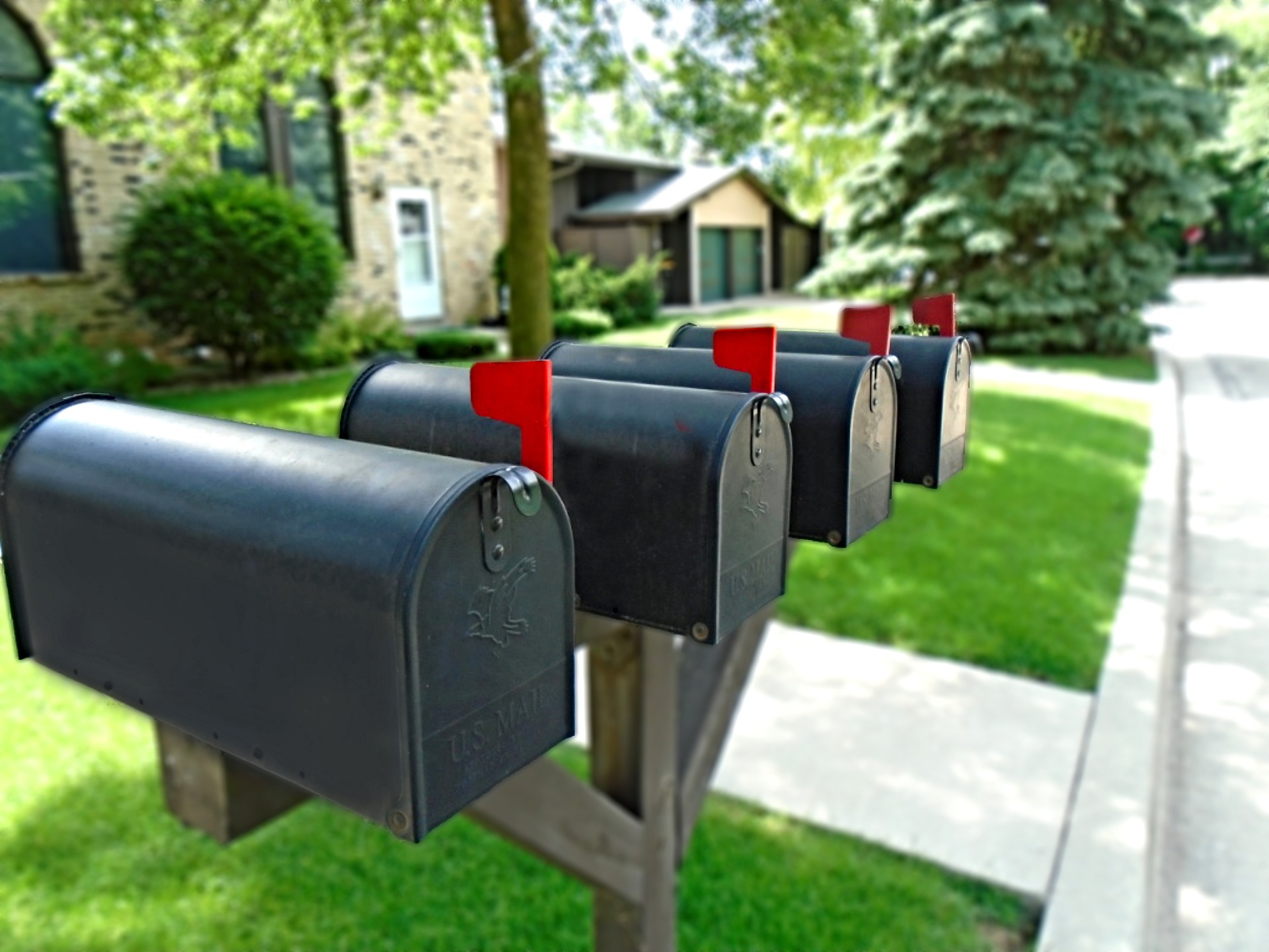 Row of mailboxes in suburban setting