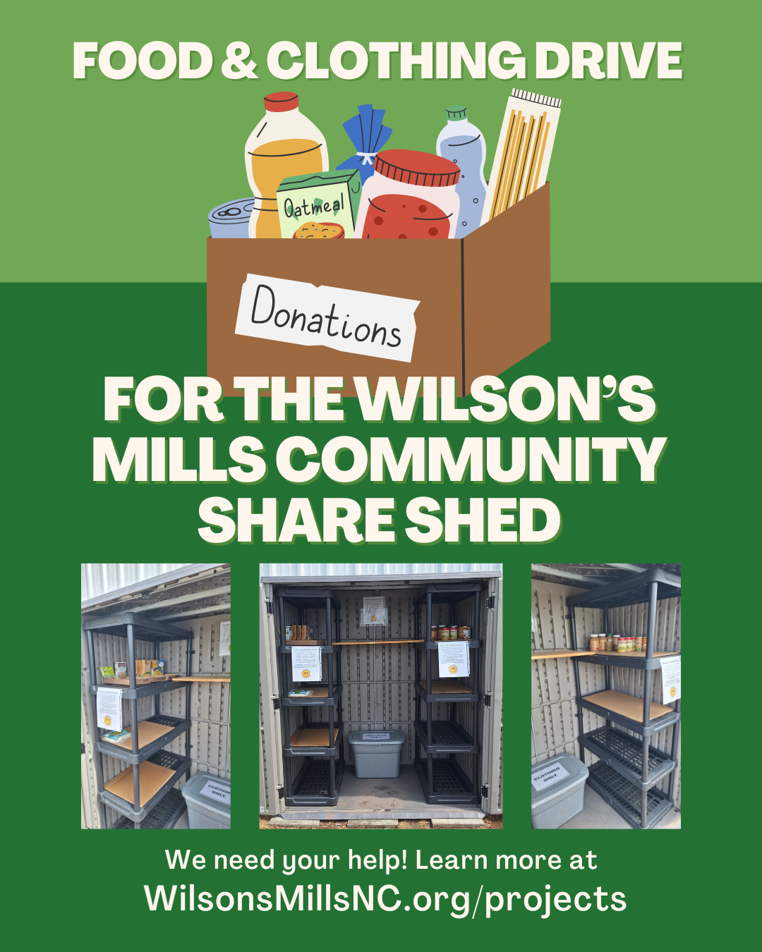 Flyer for Community Share Shed food and clothing drive