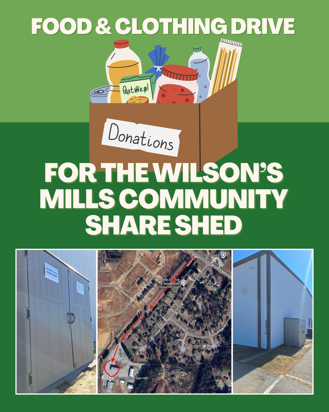 Green flyer with illustration of food supplies in box and photos of Share Shed