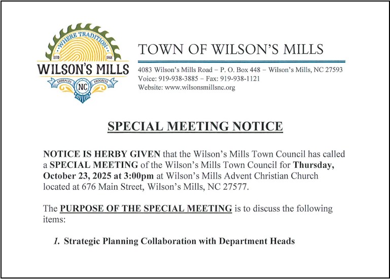 Letter on town letterhead announcing special meeting