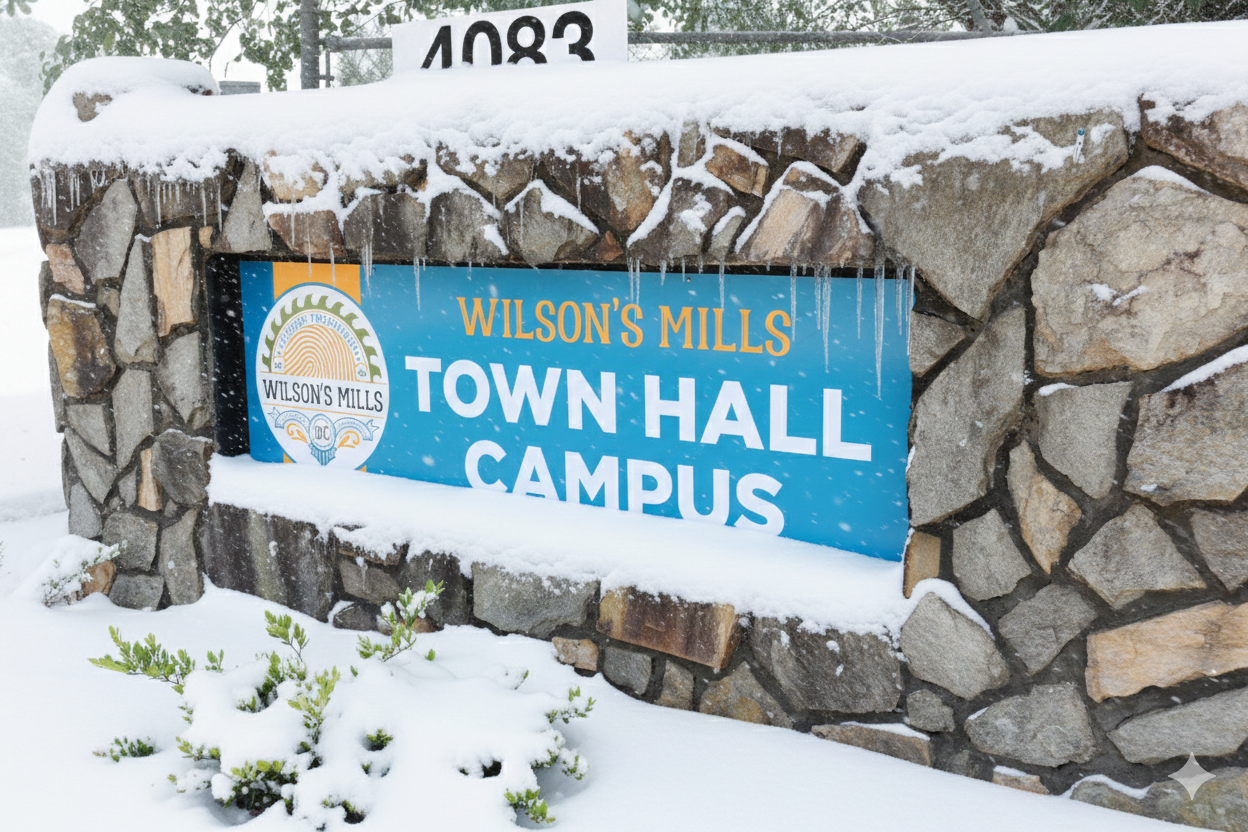 Town Hall Campus sign covered in snow and icicles